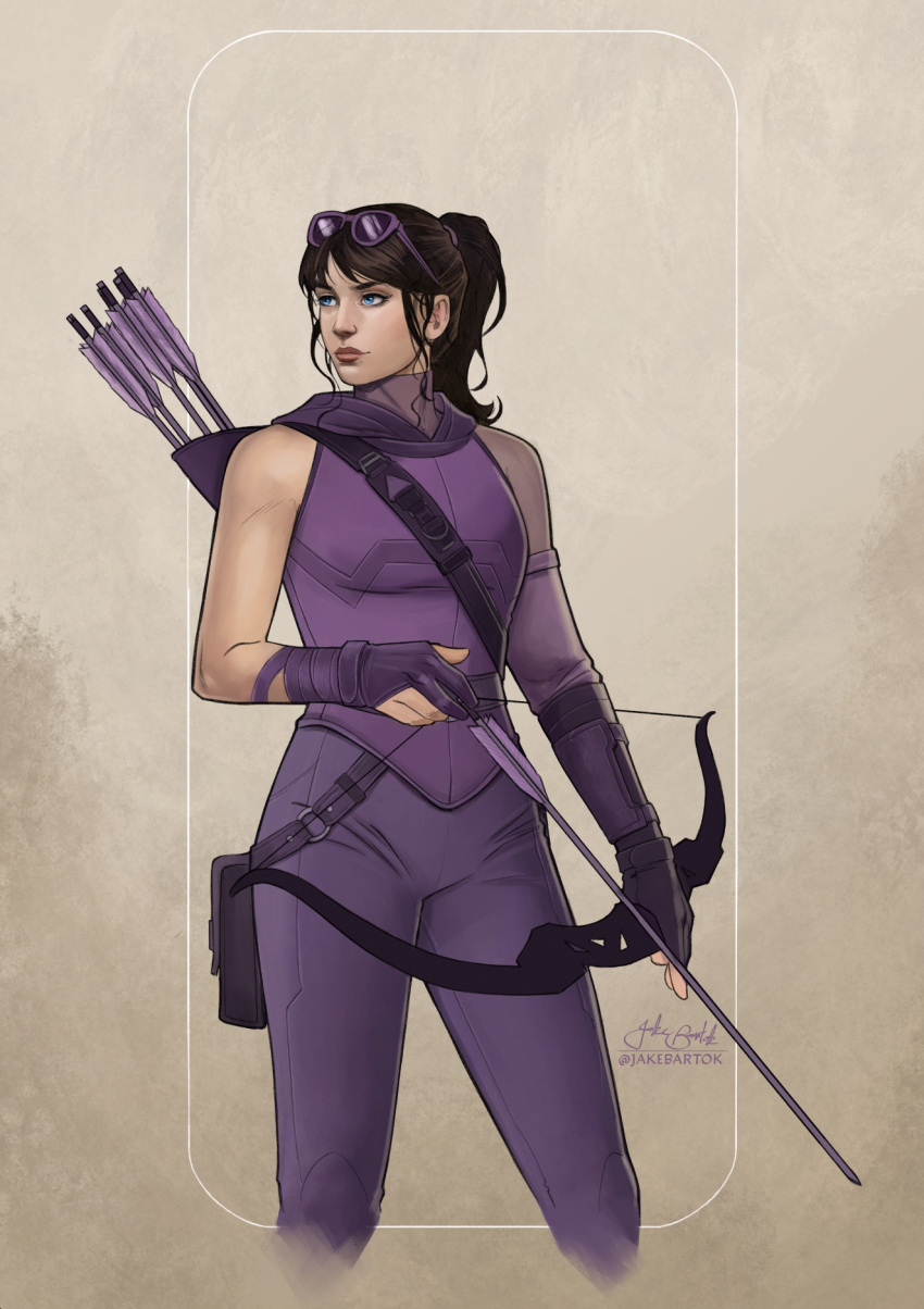 1girl, artist_name, black_hair, blue_eyes, bow_(weapon), brown_background, eyewear_on_head, gloves