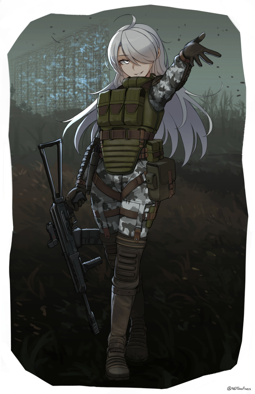 1girl, absurdres, ahoge, ammunition_pouch, black_gloves, boots, bulletproof_vest, gloves