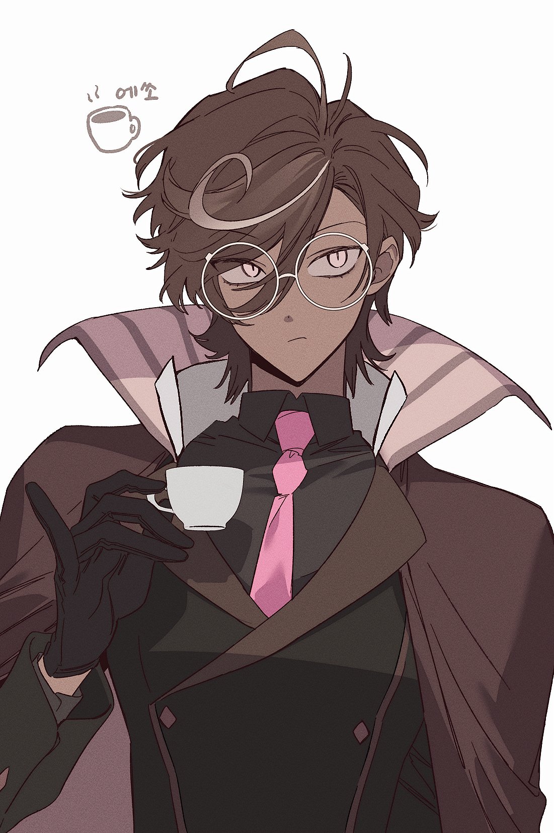1boy, ahoge, black_gloves, black_shirt, brown_hair, cookie_run, cookie_run:_kingdom, cup