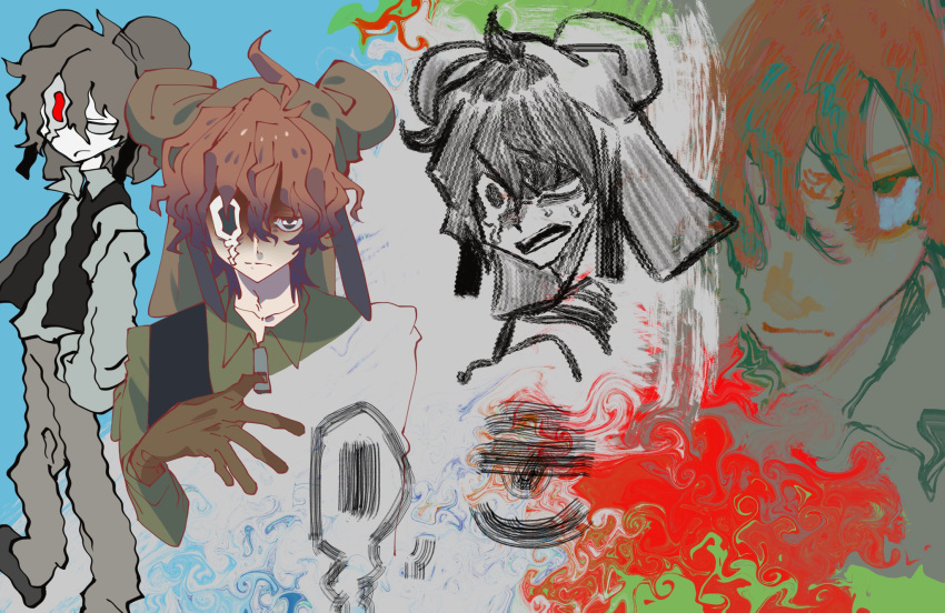 0000k_lll, 1boy, black_eyes, black_vest, brown_hair, green_shirt, highres, looking_at_viewer