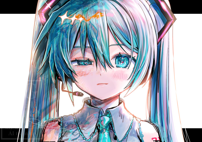 1girl, 243_kou, absurdres, aqua_necktie, aqua_stripes, bare_shoulders, blue_eyes, blue_hair