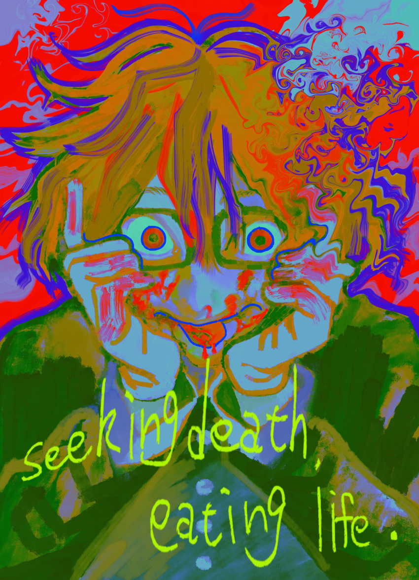 0000k_lll, 1boy, blood, blood_on_face, english_text, glasses, gloves, hands_on_own_cheeks, hands_on_own_face, highres, looking_at_viewer, male_focus, nosebleed, orange_hair, randal's_friends, randal_ivory, red_background, red_eyes, short_hair, solo