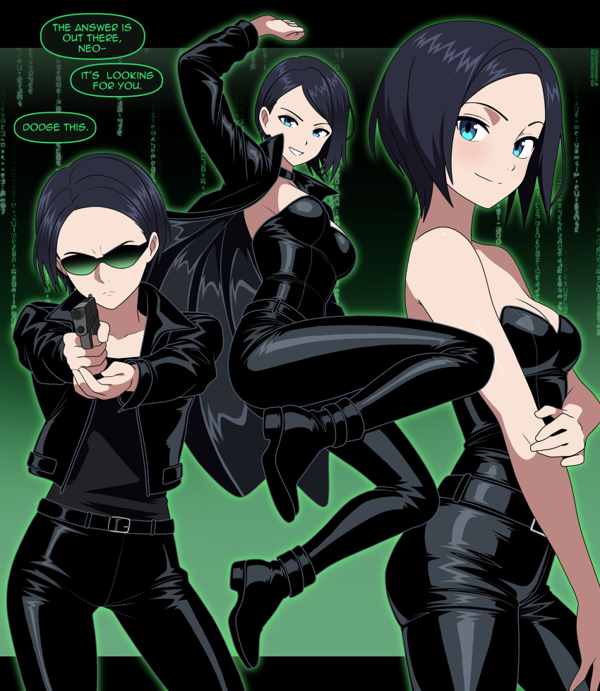 1girl, absurdres, bare_shoulders, black_jacket, black_pants, black_shirt, blue_eyes, bustier