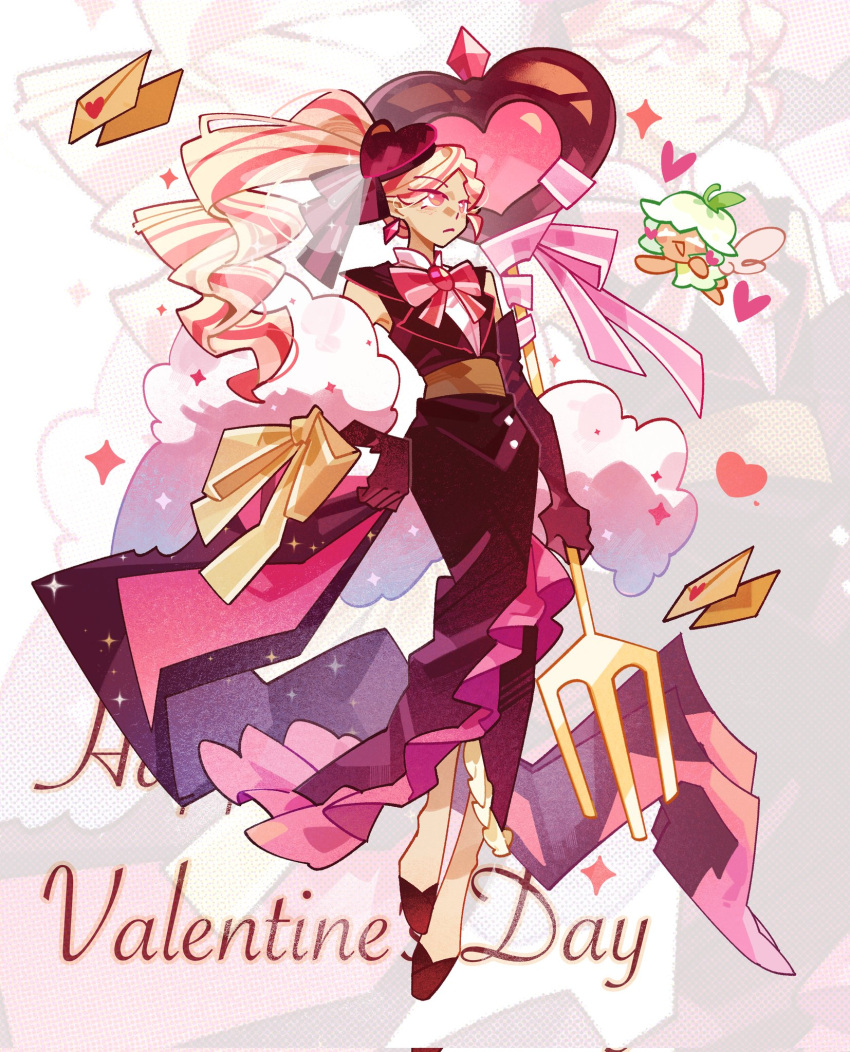 2girls, black_dress, black_shoes, blonde_hair, blue_lily_cookie, blue_lily_cookie_(sweet_heartmender), bradyclaph83904, candy, chocolate, chocolate_hair_ornament, cookie_run, cookie_run:_ovenbreak, dress, elbow_gloves, food, food-themed_hair_ornament, fork, frilled_dress, frills, full_body, gloves, hair_ornament, heart, heart-shaped_chocolate, heart-shaped_food, heart_hair_ornament, highres, holding, holding_fork, lilybell_cookie, looking_to_the_side, multicolored_hair, multiple_girls, pink_eyes, pink_ribbon, ribbon, side_ponytail, streaked_hair, zoom_layer