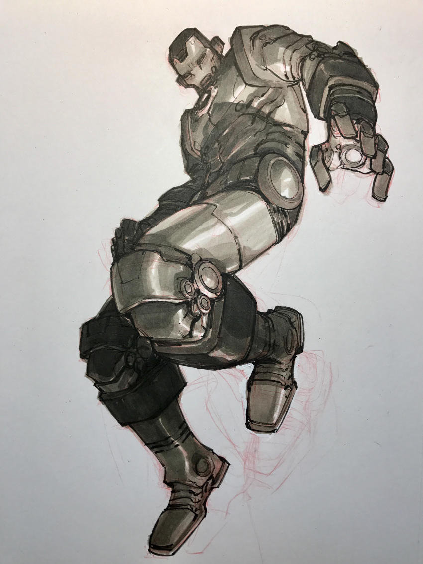 1boy, absurdres, armor, eric_canete, floating, full_armor, helmet, highres, iron_man, looking_down, male_focus, marvel, partially_colored, power_armor, simple_background, traditional_media