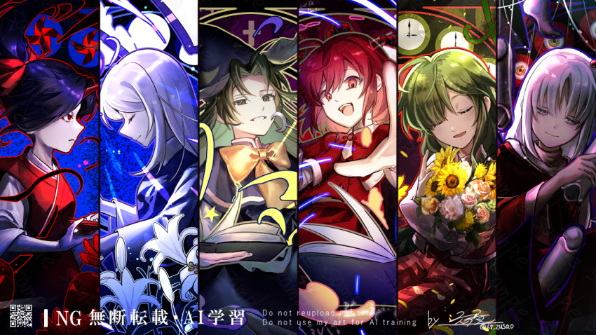 ascot, black_hair, blue_capelet, blue_hair, book, bouquet, bow, bowtie