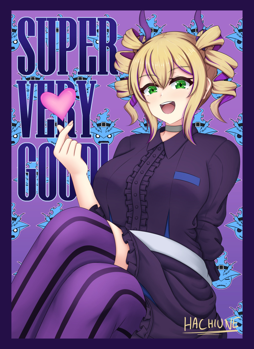 1girl, absurdres, artist_name, blonde_hair, border, breasts, commentary, crossed_legs