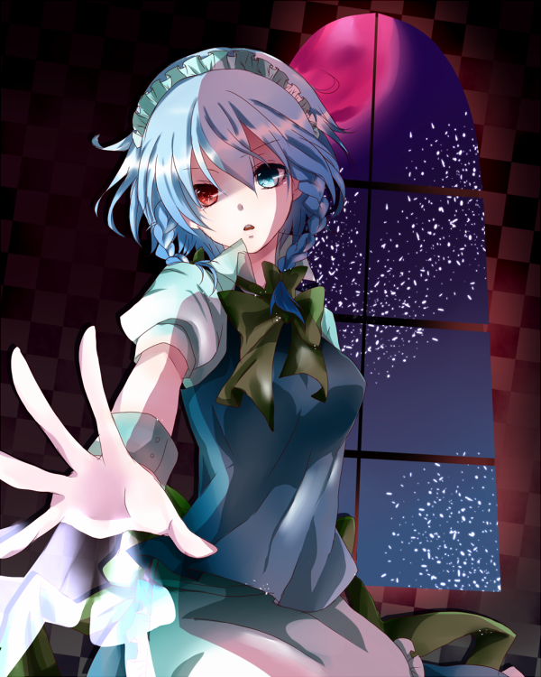 apron, bad_id, blue_eyes, bow, braid, breasts, full_moon, heterochromia