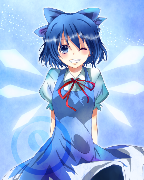 bad_id, blue_eyes, blue_hair, cirno, sekiji_miko, solo, touhou, wings
