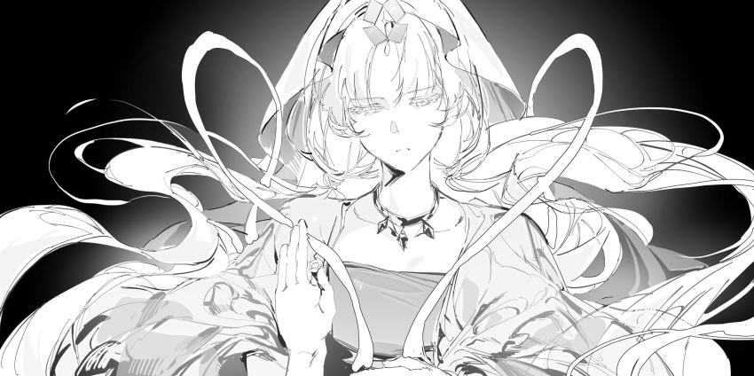 1girl, collarbone, cookie_run, cookie_run:_kingdom, f4d1a6, floating_hair, gradient_background, greyscale