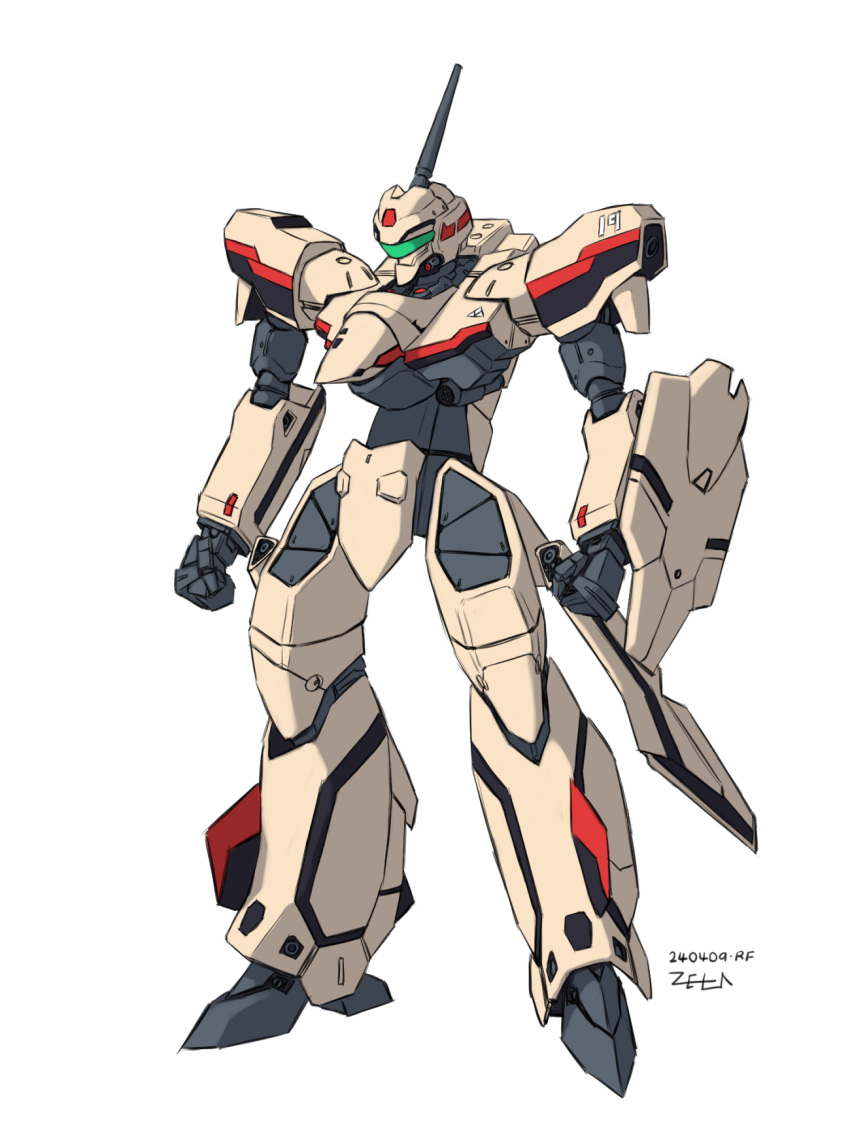 2024, battroid, clenched_hands, commentary_request, dated, energy_cannon, exposed_internal_machinery, green_visor