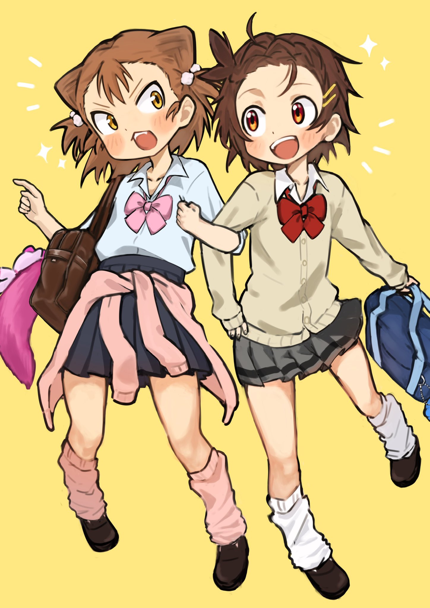 2girls, ahoge, bag, braid, brown_eyes, brown_hair, cardigan, cone_hair_bun