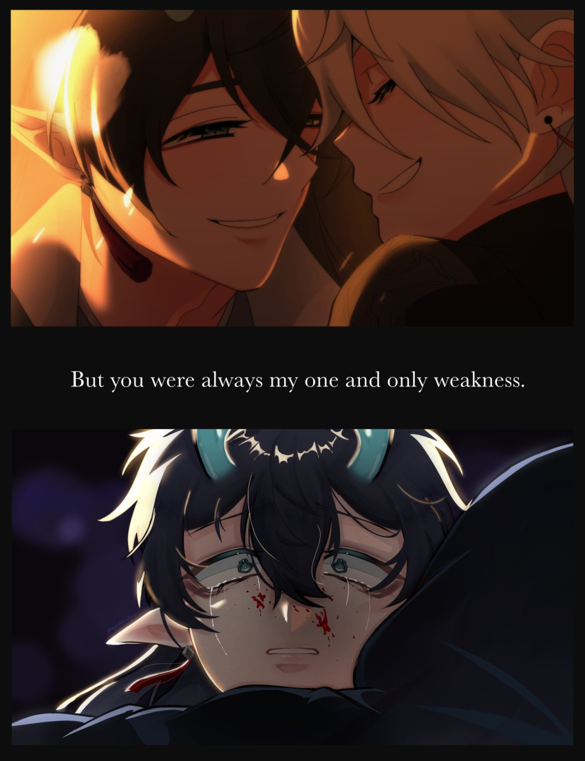2boys, alien_stage, artist_collaboration, black_hair, blade_(honkai:_star_rail), blood, blood_on_face, closed_eyes