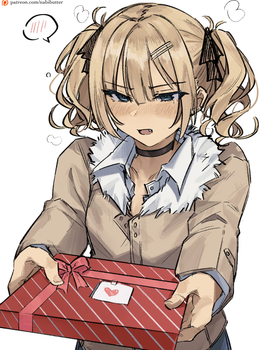 1boy, absurdres, black_choker, black_ribbon, blonde_hair, blue_eyes, blush, box