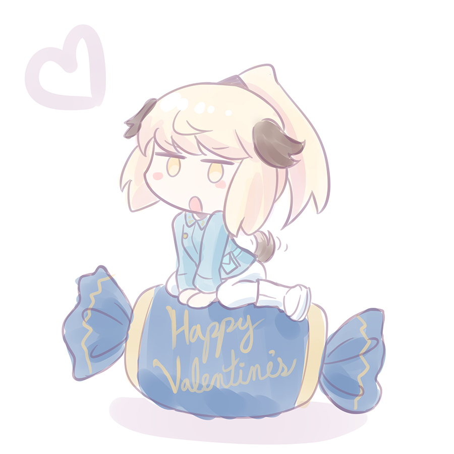 1girl, animal_ears, blonde_hair, blue_jacket, boots, brave_witches, candy, chibi