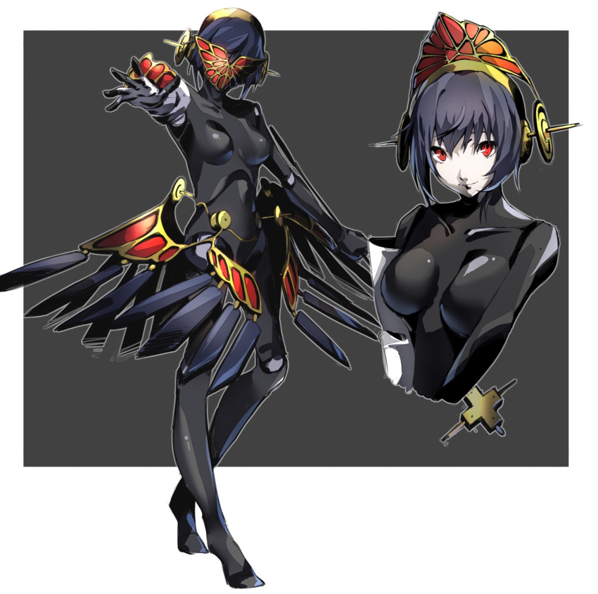 1girl, android, black_hair, breasts, closed_mouth, covered_collarbone, full_body, highres, looking_at_viewer, mask, metis_(persona), nakano_maru, persona, persona_3, persona_3_the_answer, red_eyes, short_hair, smile, solo, weapon