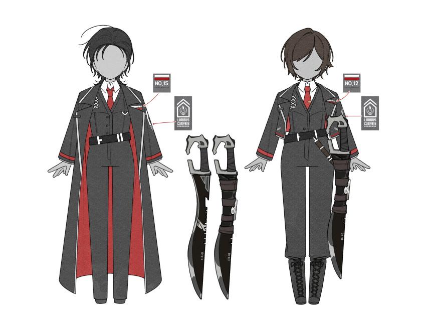 1boy, 1girl, absurdres, belt, black_belt, black_boots, black_coat, black_jacket, black_pants, black_vest, coat, coat_on_shoulders, collared_shirt, faceless, full_body, gen_(lcb1512), highres, jacket, limbus_company, long_sleeves, necktie, original, outis_(project_moon), pants, project_moon, red_necktie, rw0419, shirt, vest, white_shirt