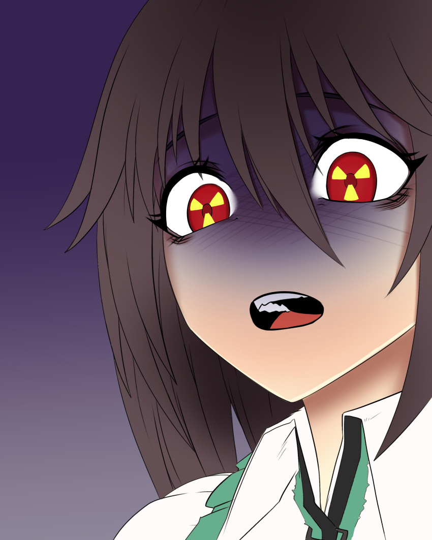 1girl, absurdres, brown_hair, collared_shirt, gradient_background, hair_between_eyes, highres, long_bangs