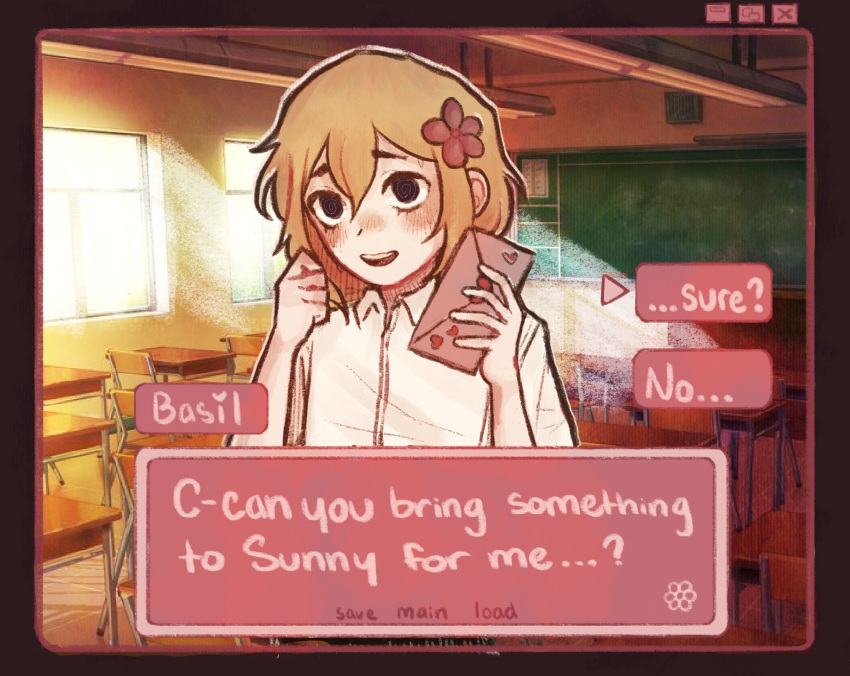 1boy, alternate_eye_color, basil_(faraway)_(omori), basil_(omori), black_eyes, blonde_hair, blush, chair