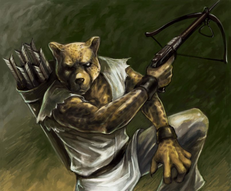 1boy, apollo_(cheetahmen), arrow_(projectile), cheetah_boy, cheetahmen, closed_mouth, commentary_request, crossbow