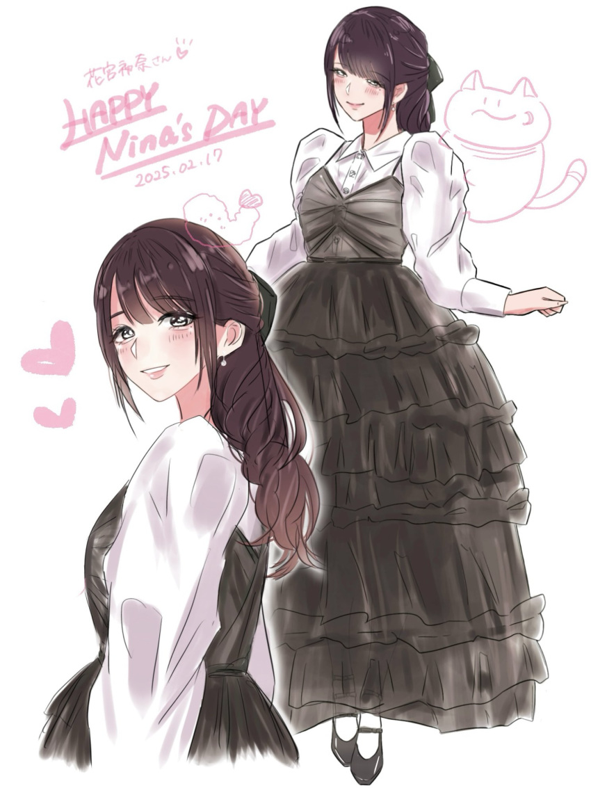 1girl, 217find!, animification, ayame_(ay_3n), black_dress, blush, brown_hair, cat