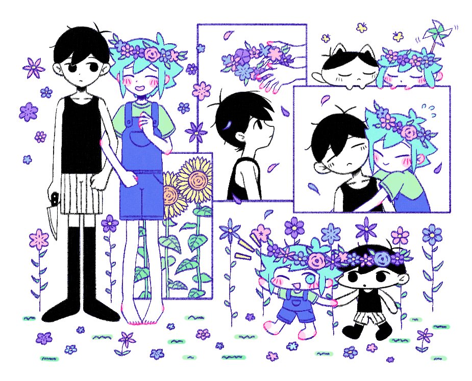 2727_onigiri, 2boys, animalization, barefoot, basil_(headspace)_(omori), basil_(omori), black_eyes, black_hair