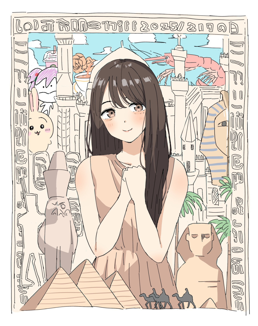 ._., 1girl, animification, bien_(djpwjd1), blue_sky, blush, border, brown_dress