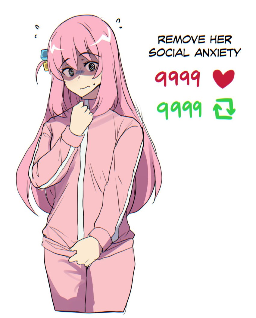 1girl, bocchi_the_rock!, cube_hair_ornament, english_commentary, english_text, flying_sweatdrops, gotoh_hitori, hair_ornament