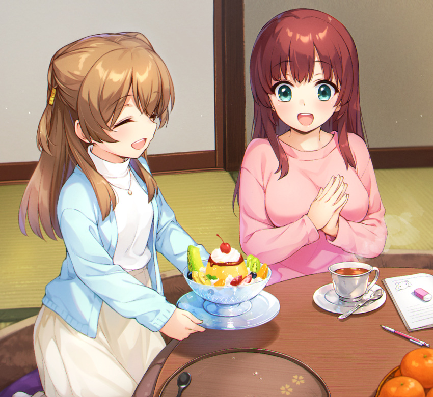 2girls, :d, ^_^, akeiro_kaikitan, aqua_eyes, blue_cardigan, blush, breasts