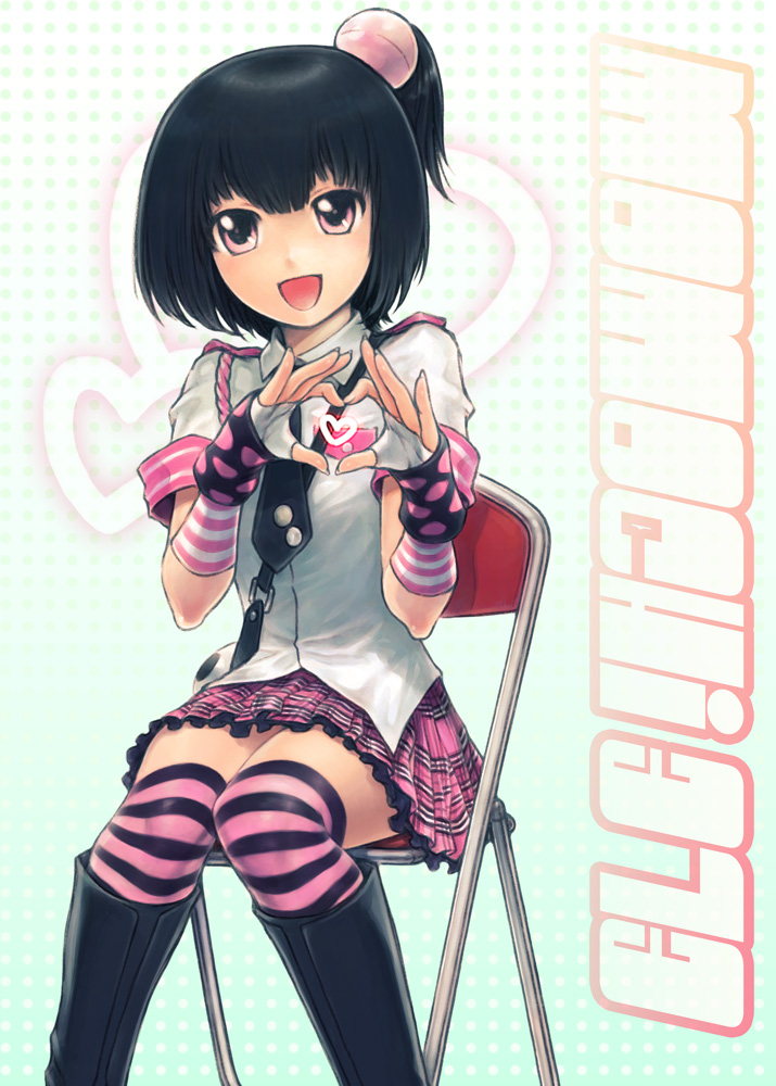 1girl, black_boots, black_hair, black_necktie, boots, chair, commentary_request, fingerless_gloves