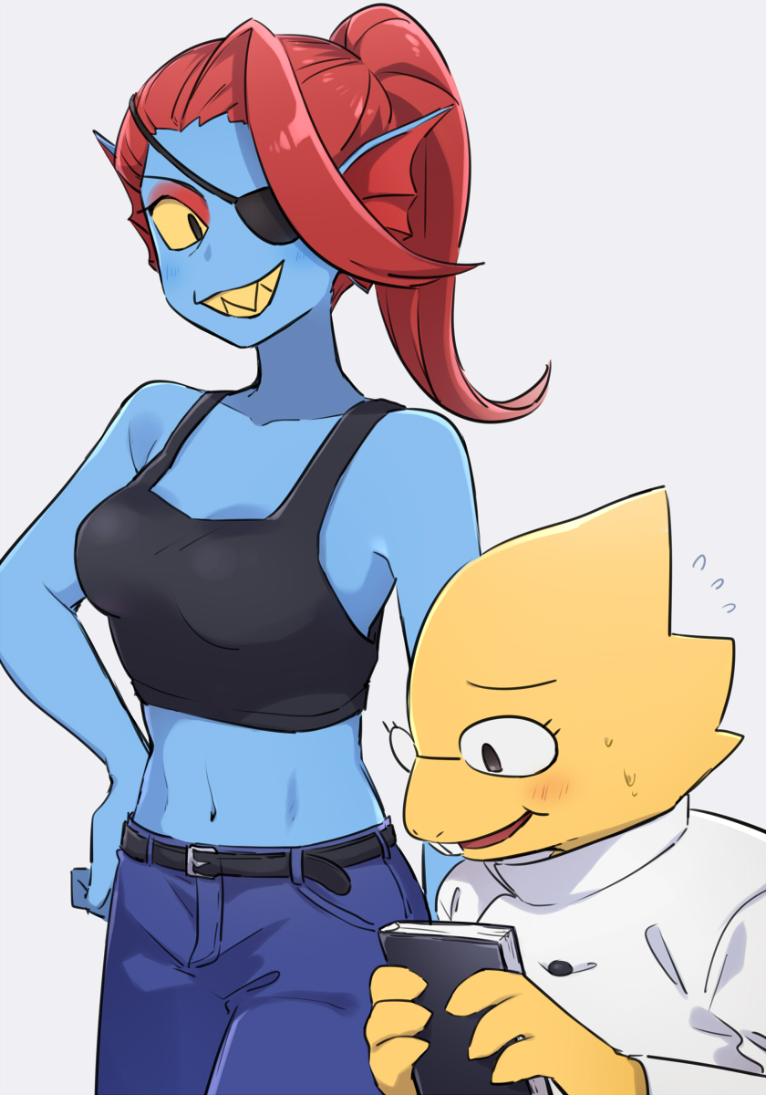2girls, alphys, belt, black_belt, black_tank_top, blue_skin, book, coat