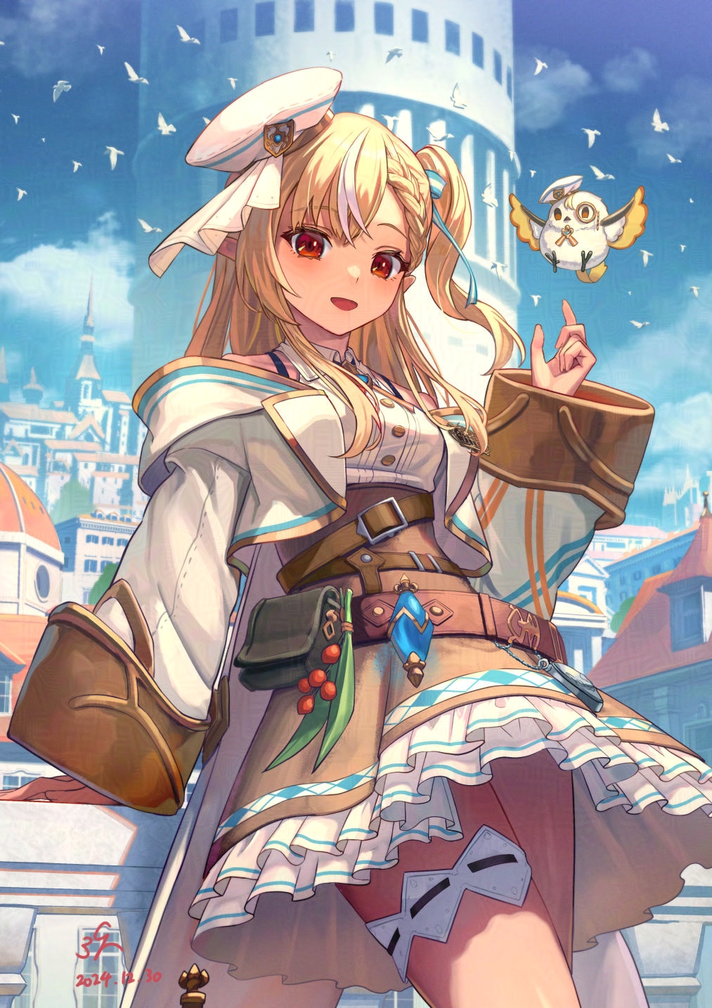 1girl, arm_support, badge, belt_pouch, berry, bird, blonde_hair, braid, braided_bangs, brooch, brown_eyes, building, coattails, collared_shirt, commentary_request, cowboy_shot, cropped_jacket, dark-skinned_female, dark_elf, dark_skin, dated, dress_shirt, elf, elfriend_(shiranui_flare), fantasy, frilled_skirt, frilled_thigh_strap, frills, hat, high-waist_skirt, highres, hololive, jewelry, lapels, layered_skirt, leather_belt, light_blush, long_hair, long_sleeves, looking_at_viewer, open_mouth, outdoors, pigeon, pointy_ears, potion, pouch, road, sailor_hat, sakumichi, shiranui_flare, shiranui_flare_(reality_fantasy), shirt, side_ponytail, signature, skirt, sleeveless, sleeveless_shirt, smile, solo, street, tan, thigh_peek, thigh_strap, tilted_headwear, virtual_youtuber, white_hair