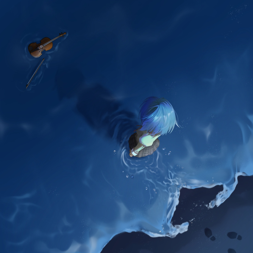 1girl, black_skirt, blue_hair, bow_(music), chinese_commentary, collared_shirt, commentary_request, footprints