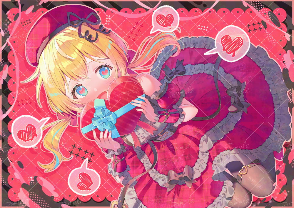 1girl, :d, beret, blonde_hair, blue_eyes, blue_hair, blush, box
