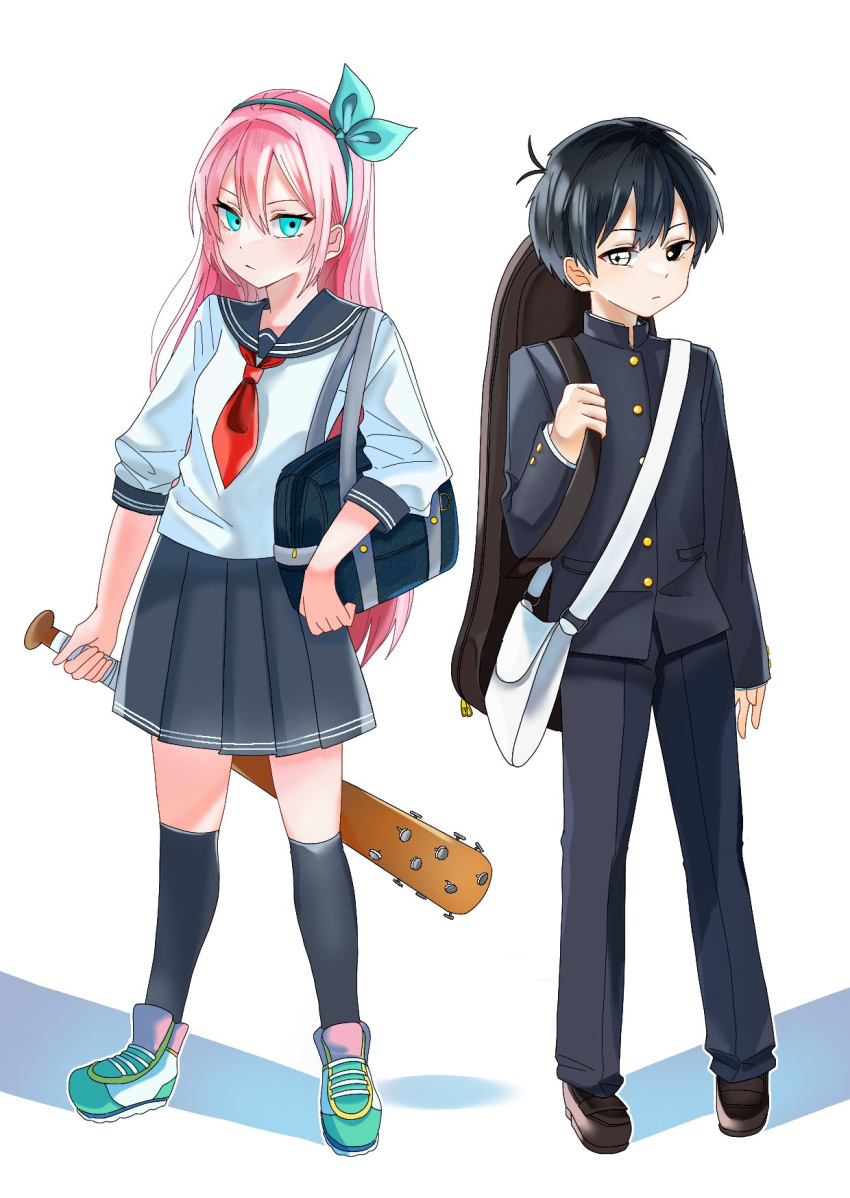 1boy, 1girl, asaoka_born14, aubrey_(faraway)_(omori), aubrey_(omori), bag, black_eyes, black_hair