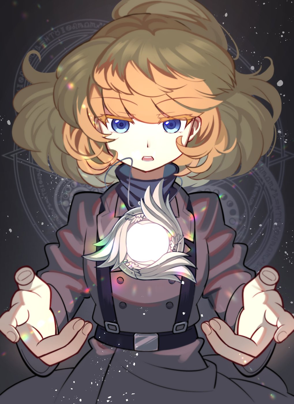 1girl, belt, blonde_hair, blue_eyes, feng_ft, floating, floating_object, hair_between_eyes
