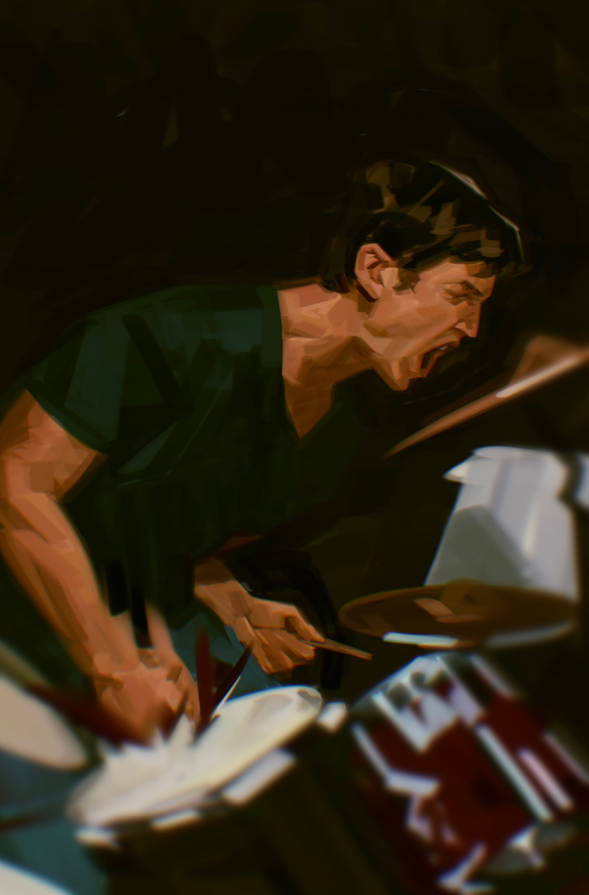 1boy, andrew_neiman, angry, black_hair, black_shirt, drum, drum_set, drumsticks, furious, highres, instrument, male_focus, shirt, solo, solo_focus, sunnnliwx, whiplash_(2014_movie)