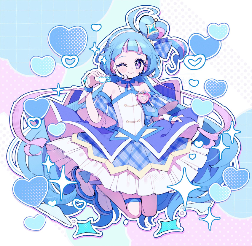 1girl, ankle_boots, aokaze_nana, arched_bangs, bare_shoulders, blue_dress, blue_hair, boots