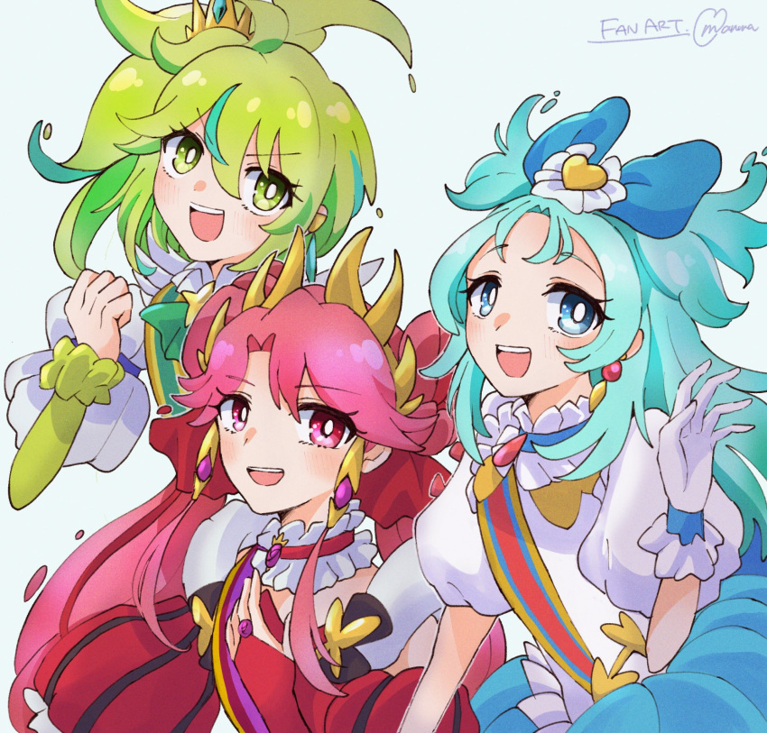 3girls, blue_background, blue_eyes, blue_hair, bow, clenched_hand, detached_sleeves, dress, english_text, excited, gloves, green_dress, green_eyes, green_hair, hair_bow, hair_intakes, hair_ornament, heart, heart_hair_ornament, highres, long_hair, magical_girl, mnm_dc, multiple_girls, pink_eyes, pink_hair, princess_meteor, princess_ripple, princess_zeal, princession_orchestra, puffy_short_sleeves, puffy_sleeves, red_dress, short_sleeves, side_ponytail, smile, tiara, upper_body, waving, white_dress, white_gloves