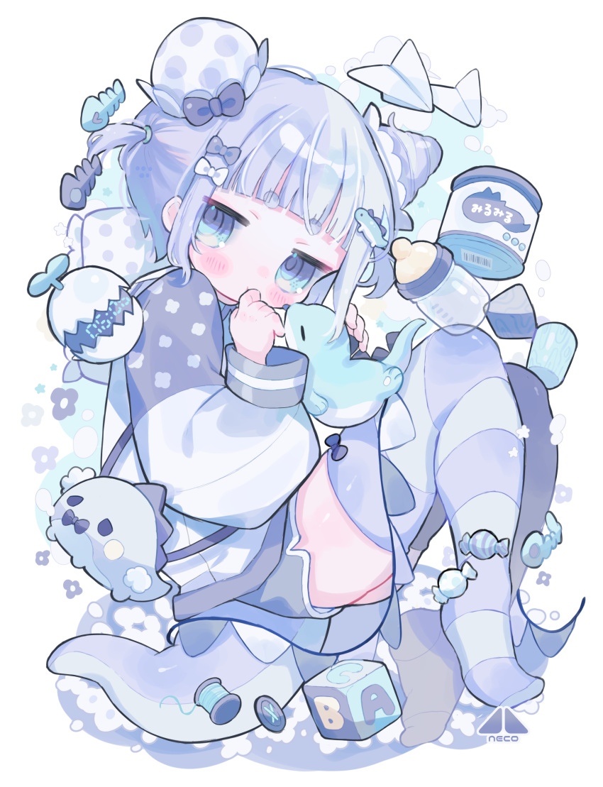 1girl, :t, absurdres, alarm_clock, baby_bottle, block_(object), blue_bow, blue_eyes, blue_flower, blue_hair, blue_jacket, blue_shorts, blue_theme, blue_thighhighs, blunt_bangs, blush, blush_stickers, bottle, bow, buttons, candy, child, clock, commentary_request, cotono_(nazekun), cylinder, digital_clock, dinosaur_girl, dinosaur_tail, dolphin_shorts, double_bun, fish, fish_bone, fish_skeleton, flower, food, hair_bow, hair_bun, hand_to_own_mouth, highres, jacket, jitome, long_sleeves, looking_at_viewer, original, paper_airplane, pillow, revision, shorts, sidelocks, simple_background, striped_clothes, striped_thighhighs, stuffed_dinosaur, tail, thick_eyebrows, thigh-highs, thighs, thread, triangle, two_side_up, white_background