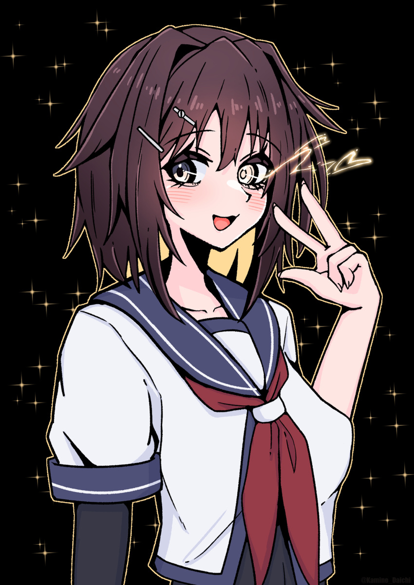 1girl, black_background, blonde_hair, blush, breasts, brown_hair, daichi_(daiti1318), eye_trail