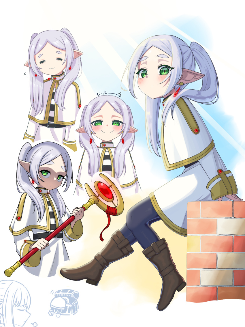 2girls, black_pantyhose, blush, boots, capelet, coat, elf, expressionless