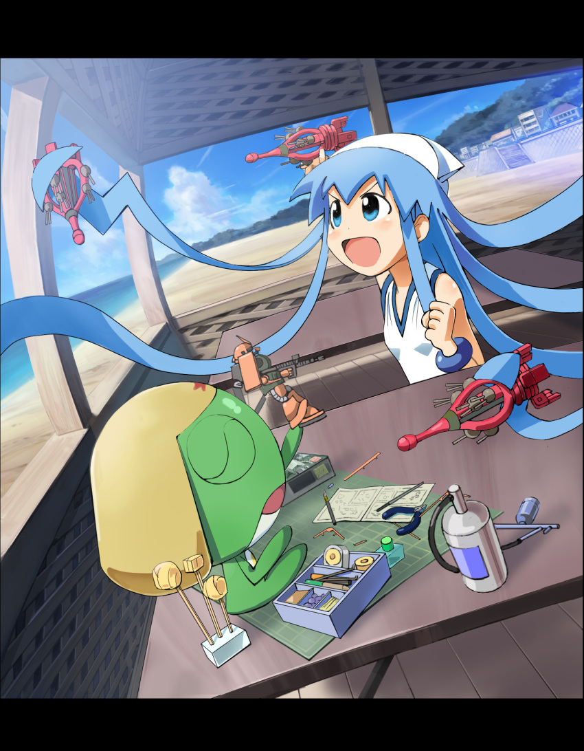 blue_hair, closed_eyes, crossover, dress, dutch_angle, eyes_closed, frog, gundam, hat, highres, ikamusume, keroro, keroro_gunsou, long_hair, prehensile_hair, sam_(nakabashi), shinryaku!_ikamusume, space_craft, tentacle_hair, tool_kit, toy, victory_gundam, zaku