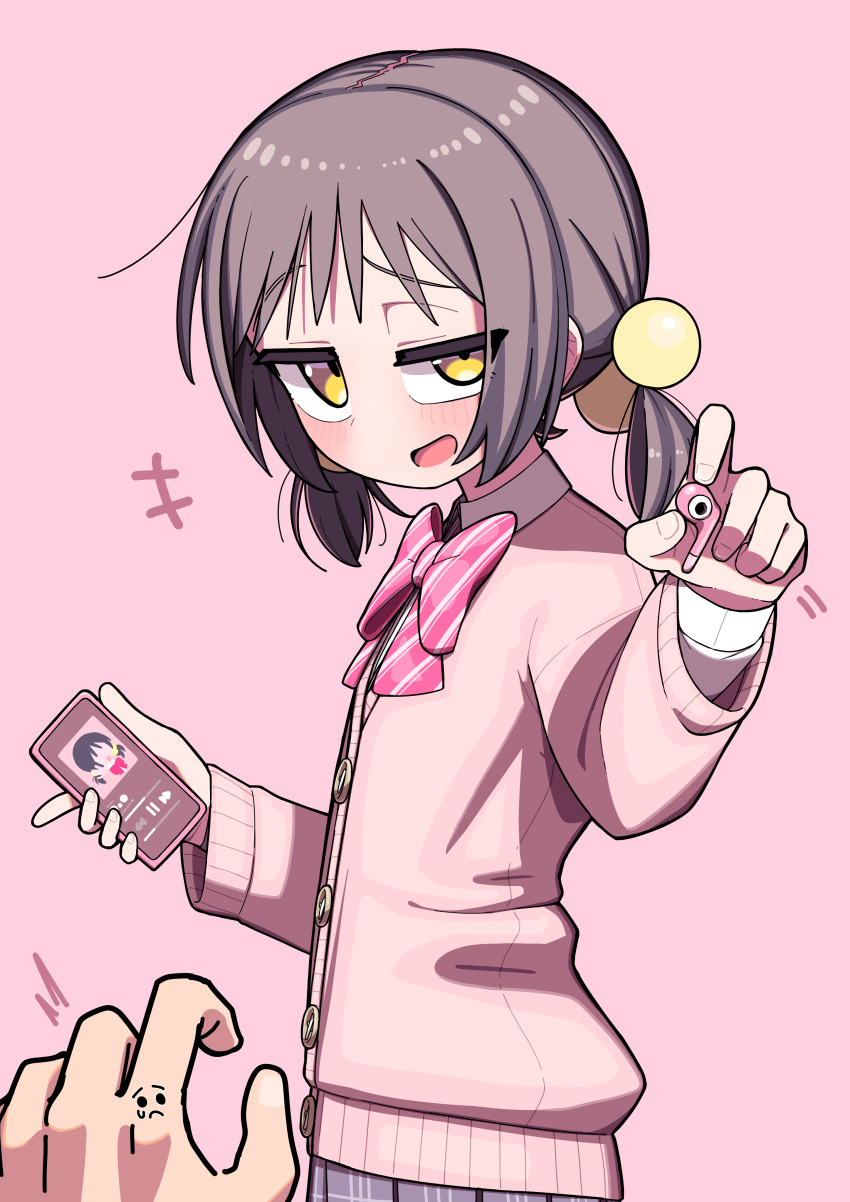 1girl, 1other, absurdres, blush, bow, bowtie, cardigan, cellphone
