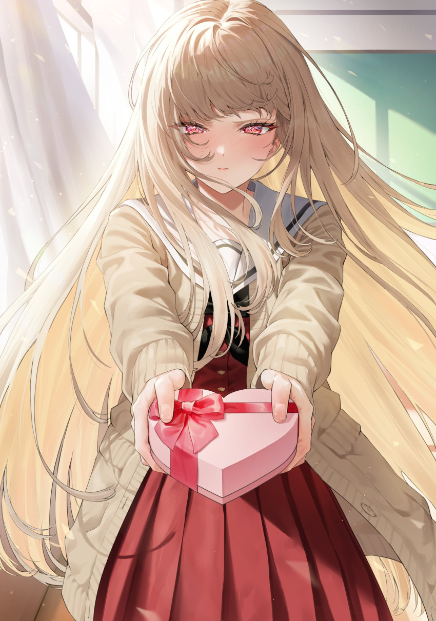 abe-chan, absurdres, black_neckerchief, blonde_hair, blunt_bangs, blush, brown_cardigan, candy