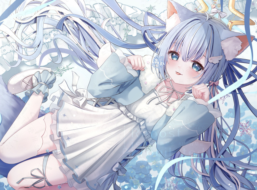1girl, ahoge, animal_ear_fluff, animal_ears, ankle_garter, blue_background, blue_eyes, blue_flower