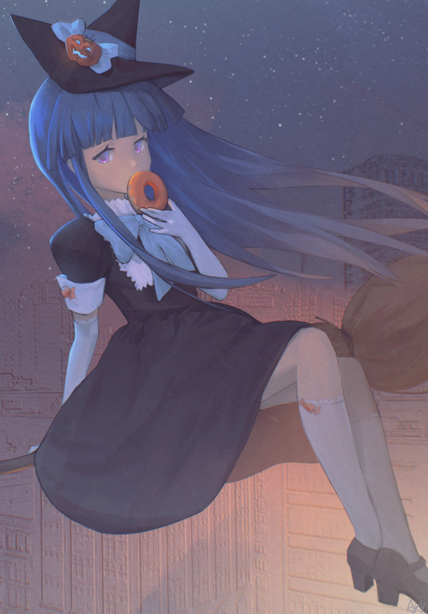 1girl, black_dress, blue_bow, blue_hair, blunt_bangs, bow, broom, broom_riding