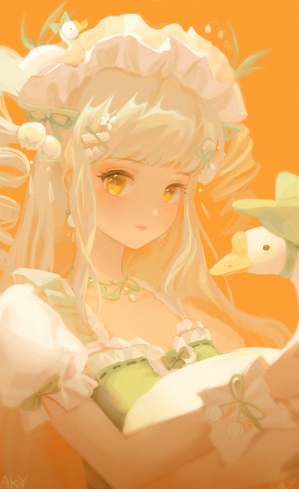 1girl, bird, blonde_hair, blush, bonnet, commentary, dress, drill_hair