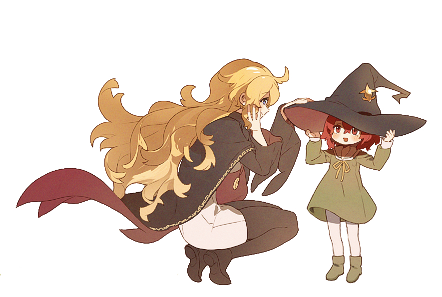 2girls, age_difference, ahoge, aqi_(19559573), black_cape, black_coat, black_pantyhose, blonde_hair