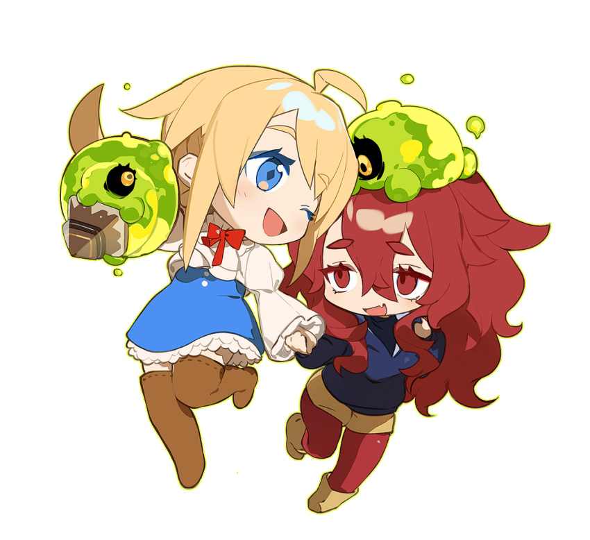 1other, 2girls, ahoge, aqi_(19559573), blonde_hair, blue_dress, blue_eyes, blush